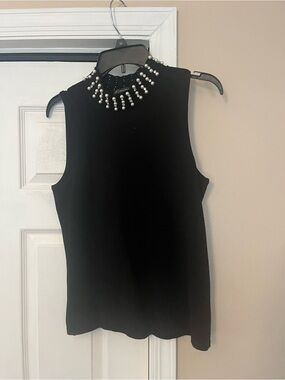 Adrianna Papell Black Sleeveless Pearl-Trim Mock Neck Top 2 piece set